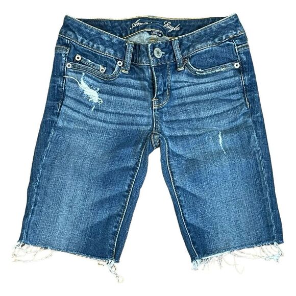 American Eagle Bermuda Jean Shorts Jorts Low Rise Distressed Denim 00 - Picture 1 of 5